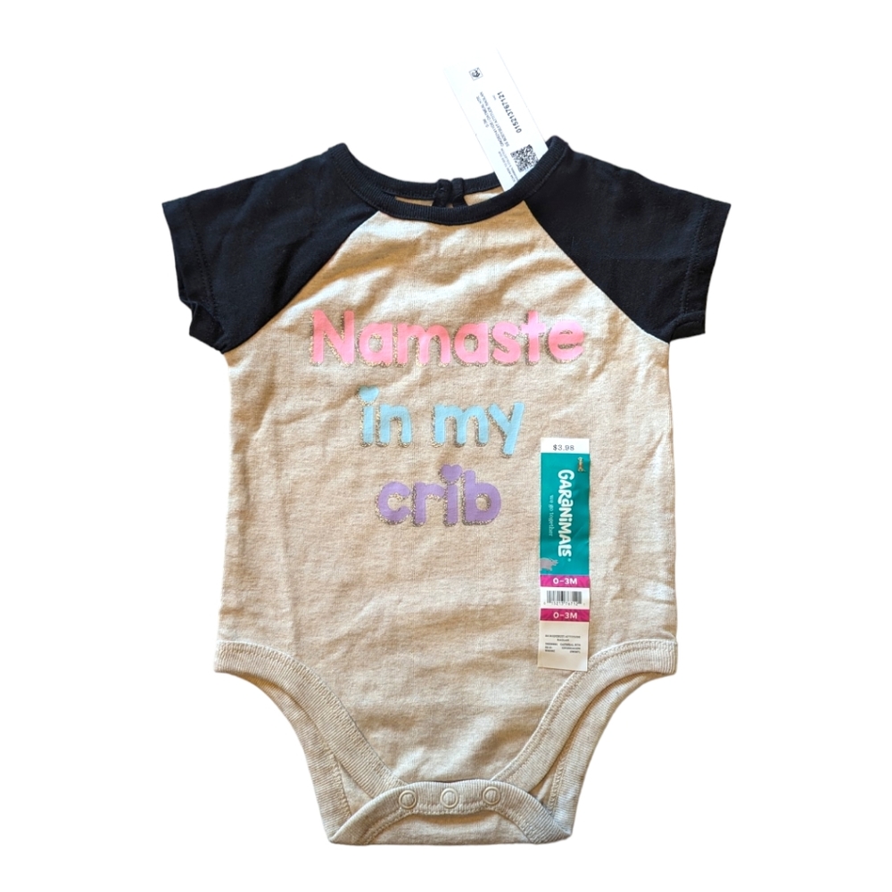 Garanimal's 0-3m " Namaste In My Crib" Black/Cream Onesie